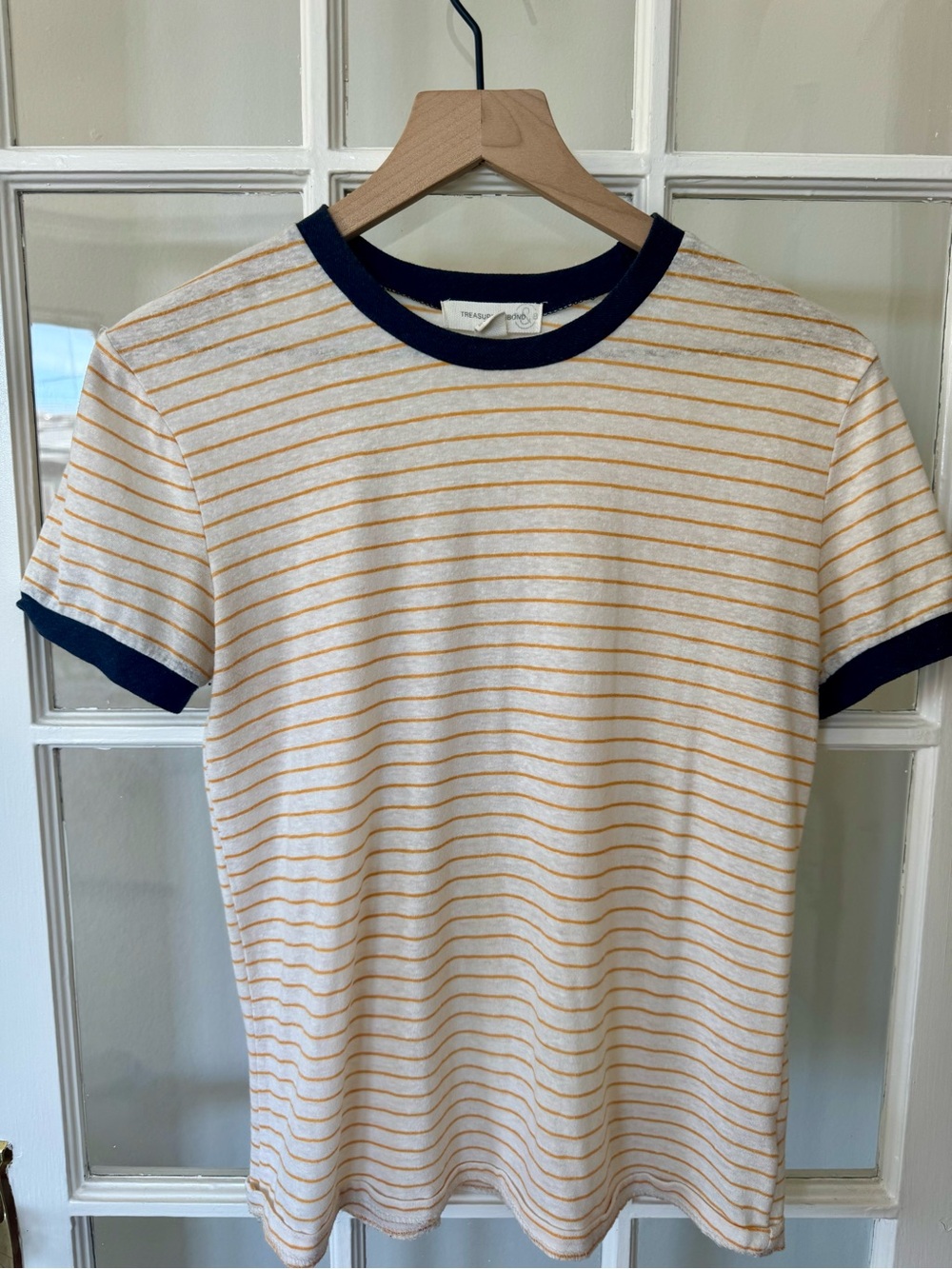 Treasure & Bond Off-White Gold Yellow and Navy Striped Preppy Ringer Tee - Picture 3 of 6